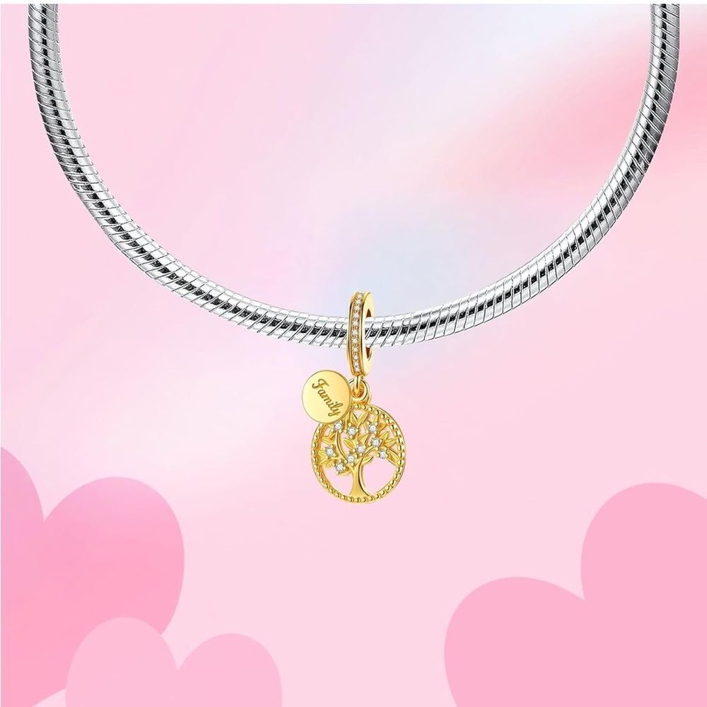 14k Yellow Gold Sterling Silver Family Charm | Family Tree | Pandora Fit - Picture 2 of 5